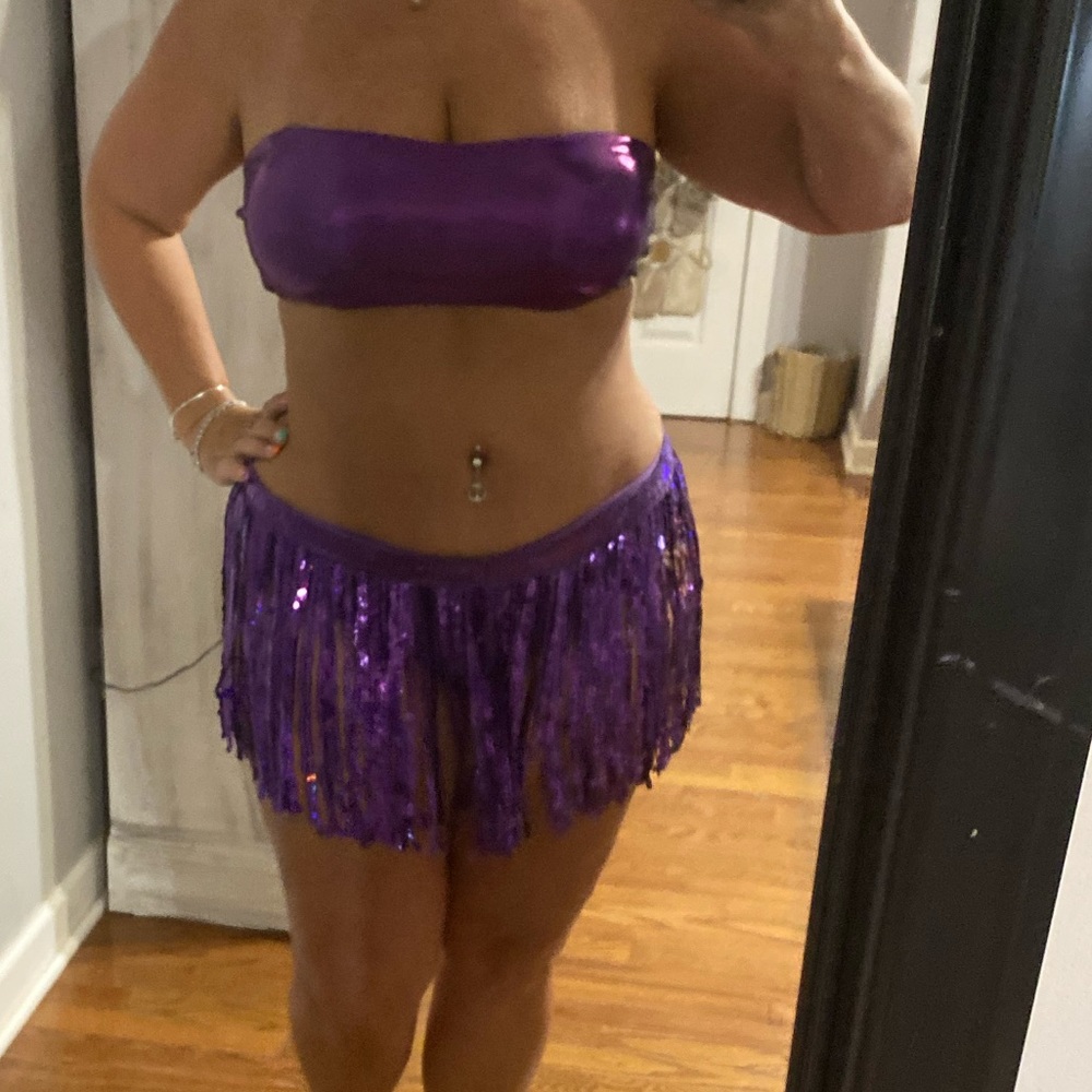 shimmery purple bikini with sequin wrap skirt